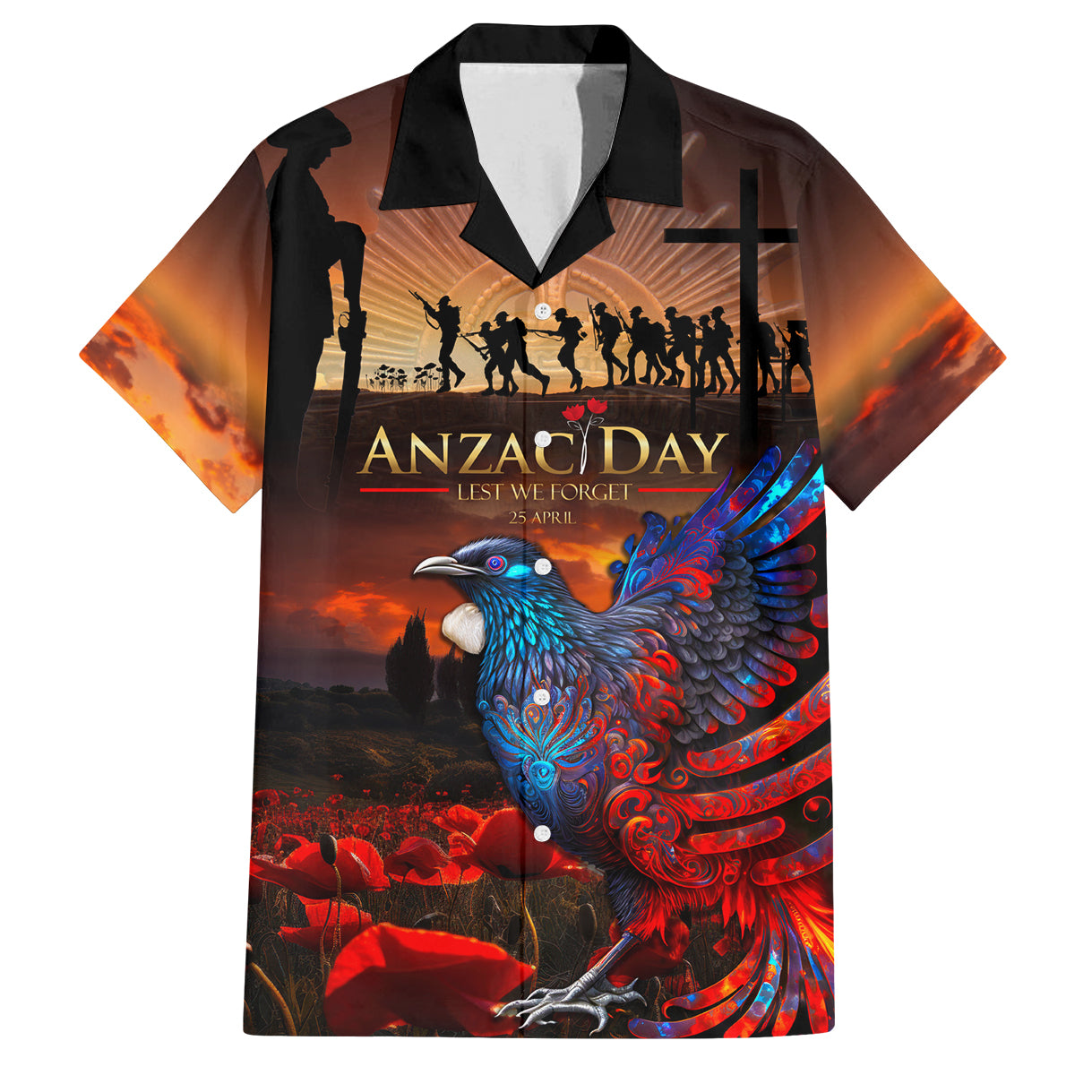 New Zealand Tui Bird Soldier ANZAC Family Matching Off Shoulder Short Dress and Hawaiian Shirt Lest We Forget LT03 Dad's Shirt - Short Sleeve Black - Polynesian Pride
