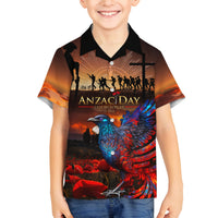 New Zealand Tui Bird Soldier ANZAC Family Matching Off Shoulder Short Dress and Hawaiian Shirt Lest We Forget LT03 Son's Shirt Black - Polynesian Pride