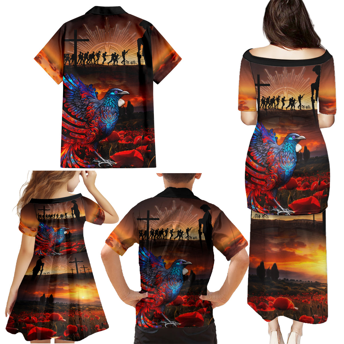 New Zealand Tui Bird Soldier ANZAC Family Matching Puletasi and Hawaiian Shirt Lest We Forget LT03 - Polynesian Pride