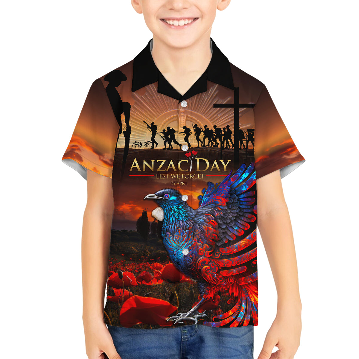 New Zealand Tui Bird Soldier ANZAC Family Matching Puletasi and Hawaiian Shirt Lest We Forget LT03 Son's Shirt Black - Polynesian Pride