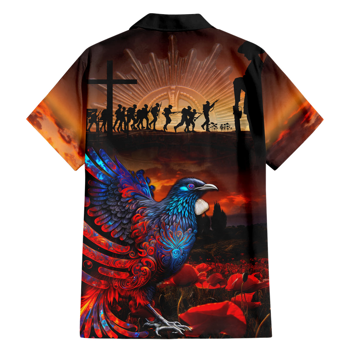 New Zealand Tui Bird Soldier ANZAC Family Matching Short Sleeve Bodycon Dress and Hawaiian Shirt Lest We Forget LT03 - Polynesian Pride