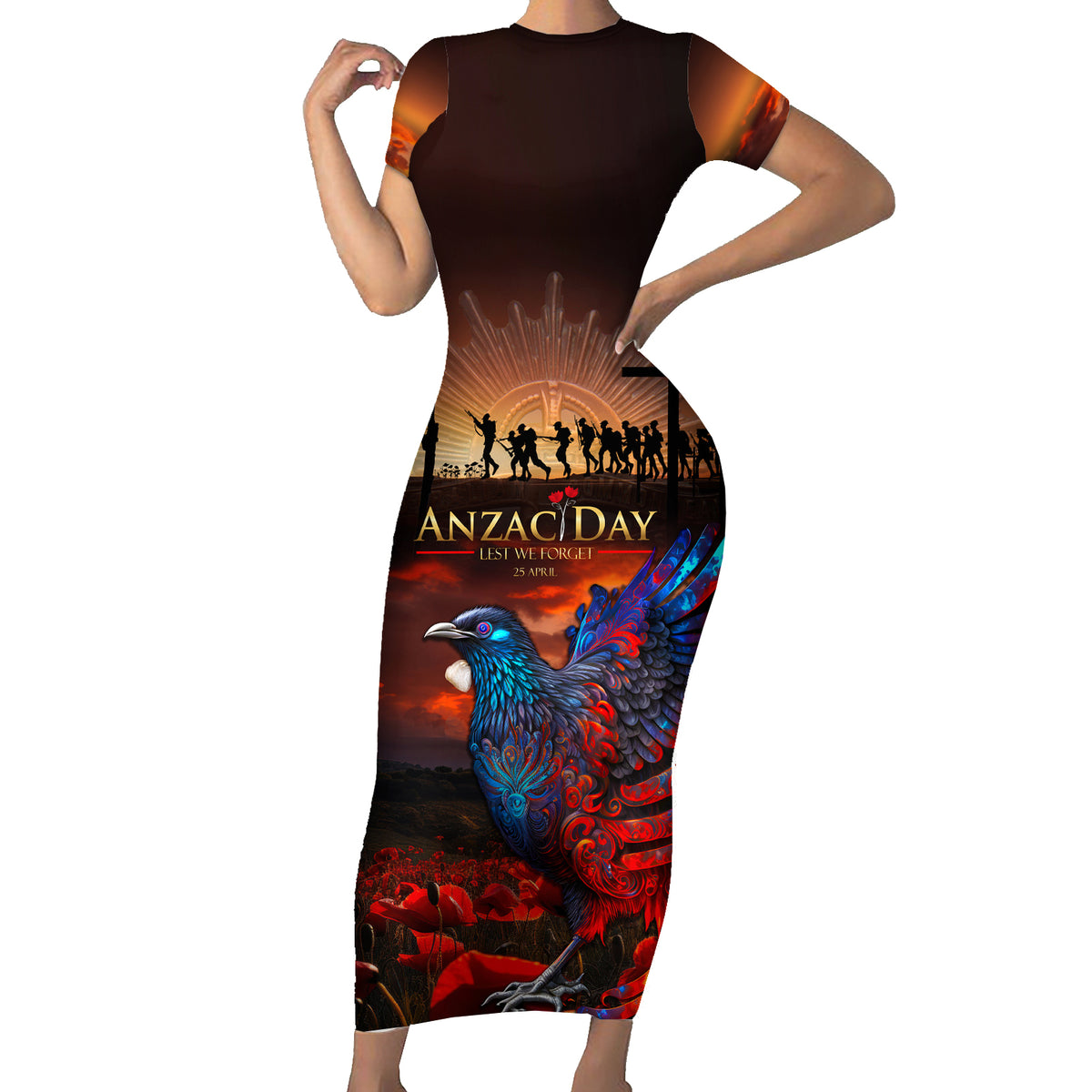 New Zealand Tui Bird Soldier ANZAC Family Matching Short Sleeve Bodycon Dress and Hawaiian Shirt Lest We Forget LT03 Mom's Dress Black - Polynesian Pride