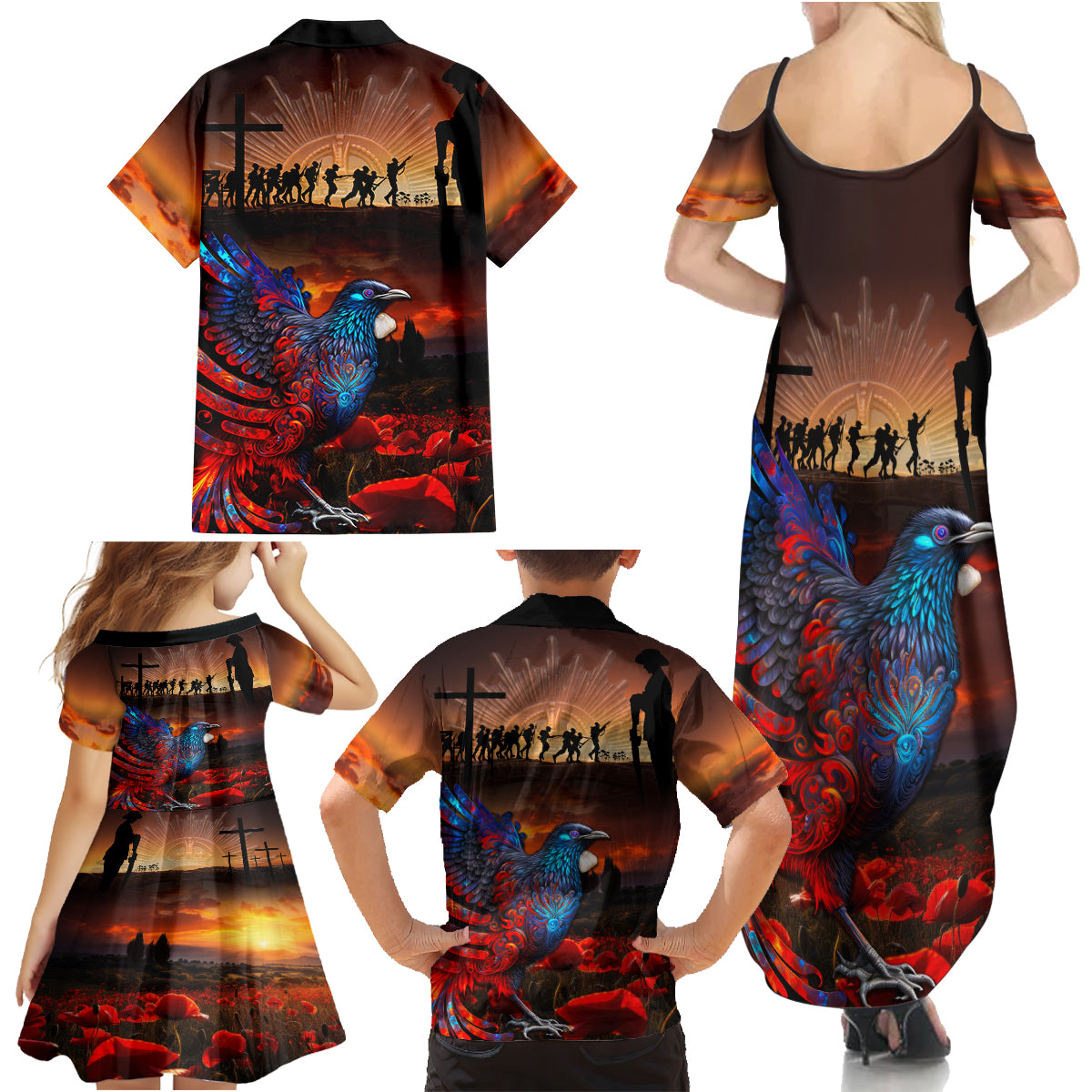 New Zealand Tui Bird Soldier ANZAC Family Matching Summer Maxi Dress and Hawaiian Shirt Lest We Forget LT03 - Polynesian Pride