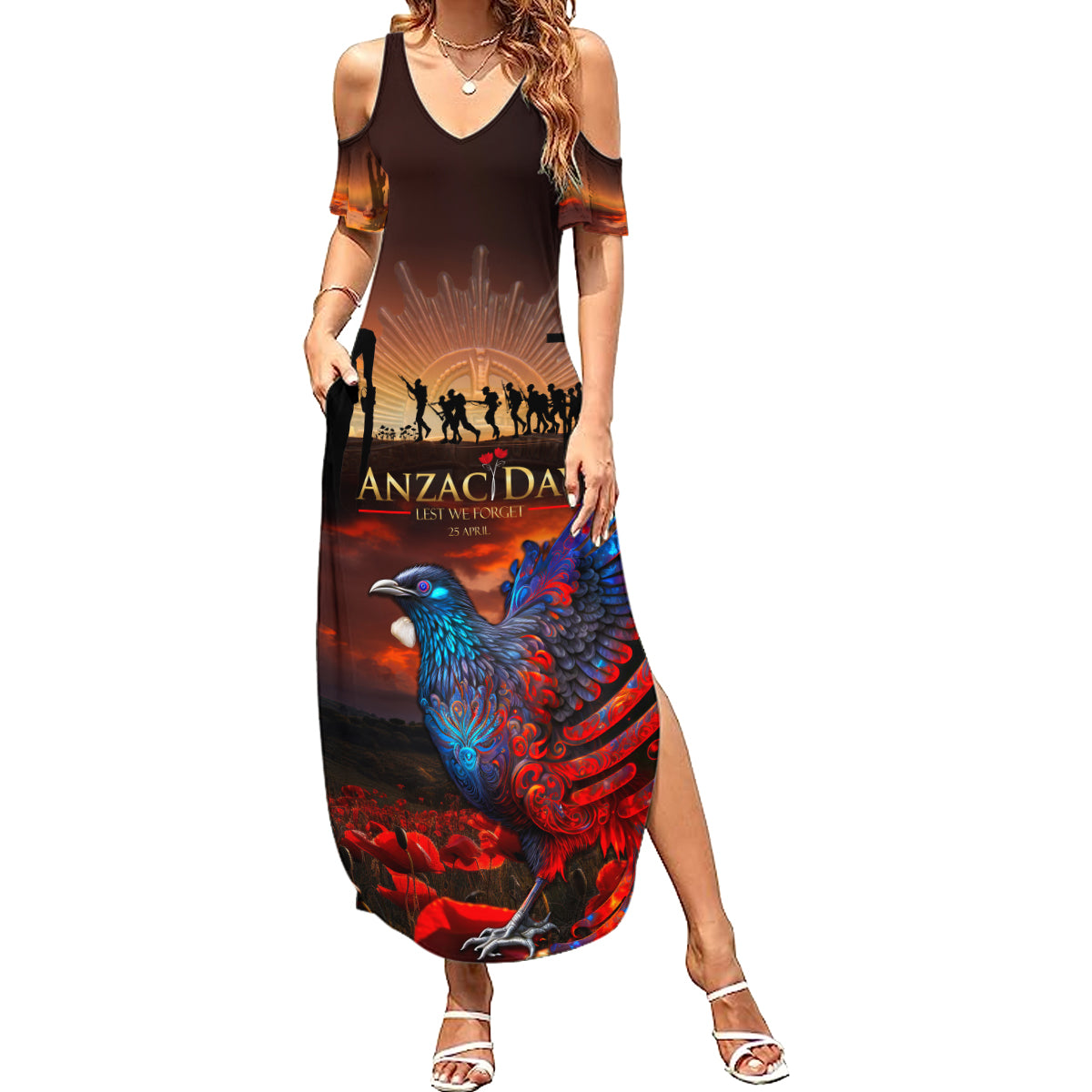 New Zealand Tui Bird Soldier ANZAC Family Matching Summer Maxi Dress and Hawaiian Shirt Lest We Forget LT03 Mom's Dress Black - Polynesian Pride