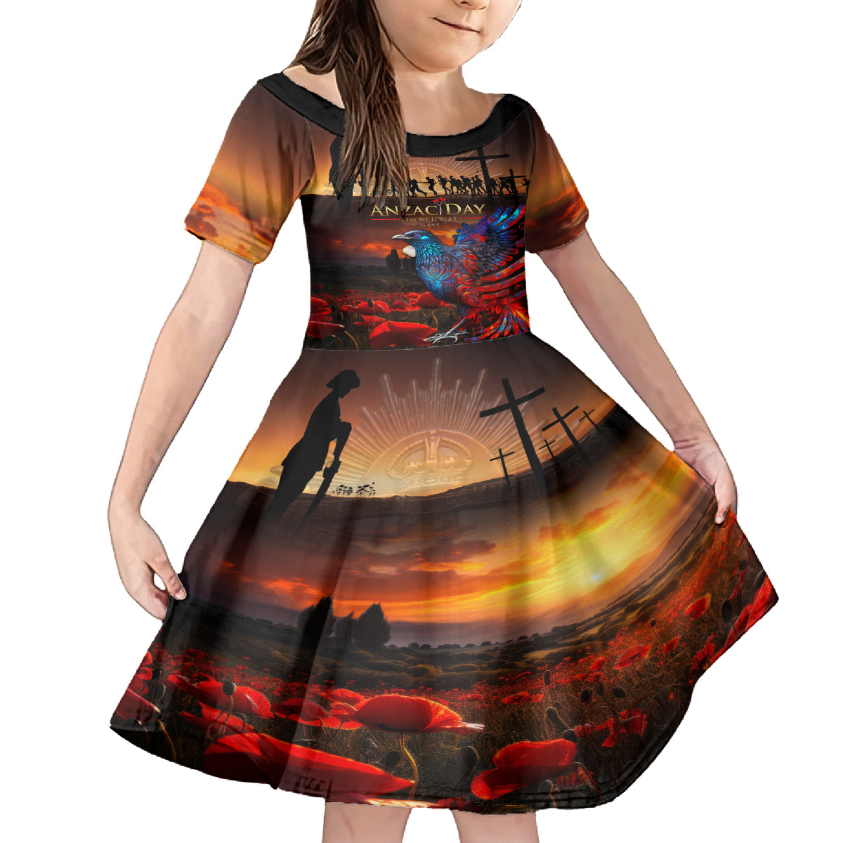 New Zealand Tui Bird Soldier ANZAC Kid Short Sleeve Dress Lest We Forget LT03 KID Black - Polynesian Pride
