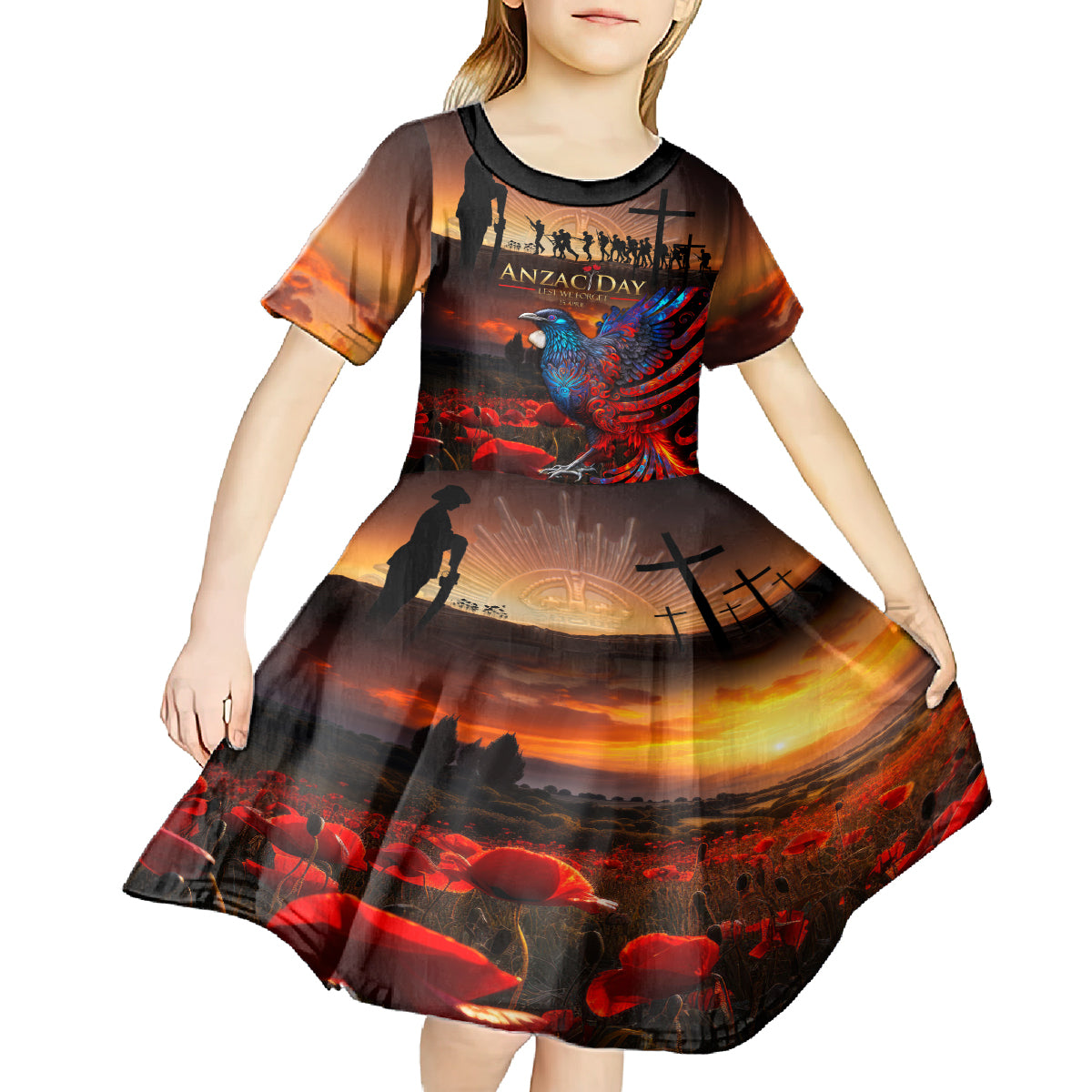 New Zealand Tui Bird Soldier ANZAC Kid Short Sleeve Dress Lest We Forget LT03 - Polynesian Pride