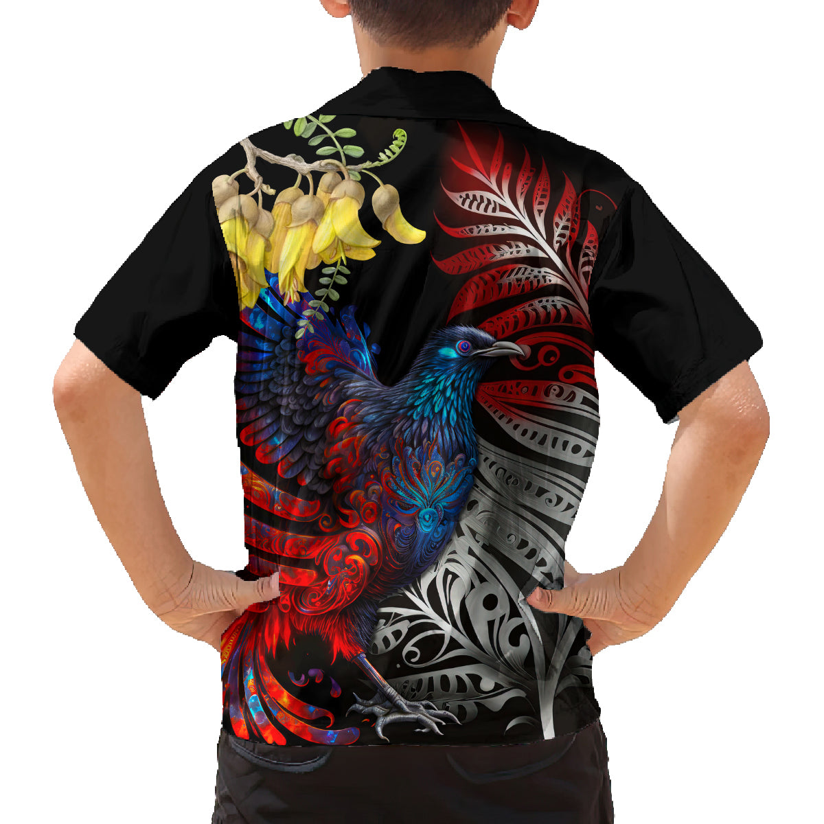 New Zealand Kohwhai Tui Bird Family Matching Off Shoulder Maxi Dress and Hawaiian Shirt Silver Fern Version LT03 - Polynesian Pride