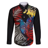 New Zealand Kohwhai Tui Bird Family Matching Off Shoulder Maxi Dress and Hawaiian Shirt Silver Fern Version LT03 Dad's Shirt - Long Sleeve Black - Polynesian Pride