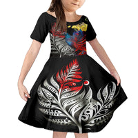 New Zealand Kohwhai Tui Bird Family Matching Off Shoulder Short Dress and Hawaiian Shirt Silver Fern Version LT03 Daughter's Dress Black - Polynesian Pride