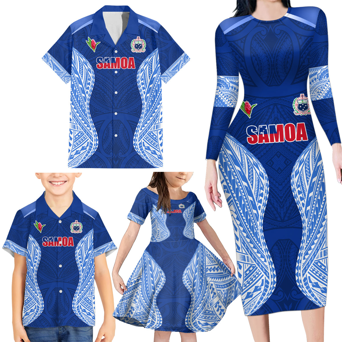 Custom Manu Samoa Rugby Family Matching Long Sleeve Bodycon Dress and Hawaiian Shirt Polynesian Tattoo LT03 - Polynesian Pride