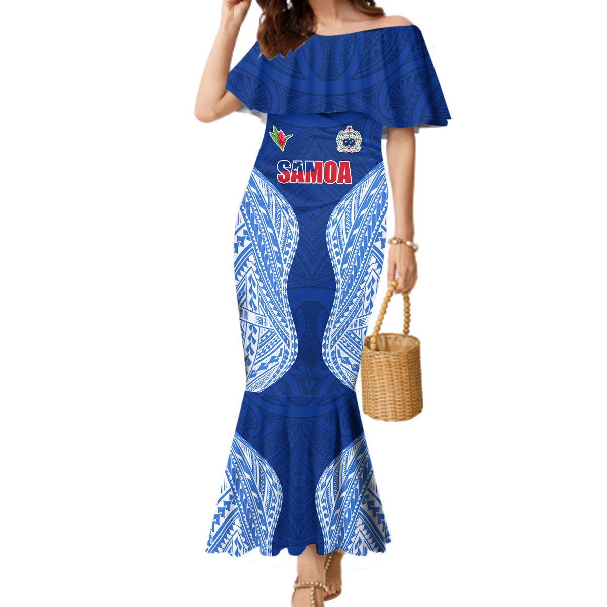 Custom Manu Samoa Rugby Family Matching Mermaid Dress and Hawaiian Shirt Polynesian Tattoo LT03 Mom's Dress Blue - Polynesian Pride