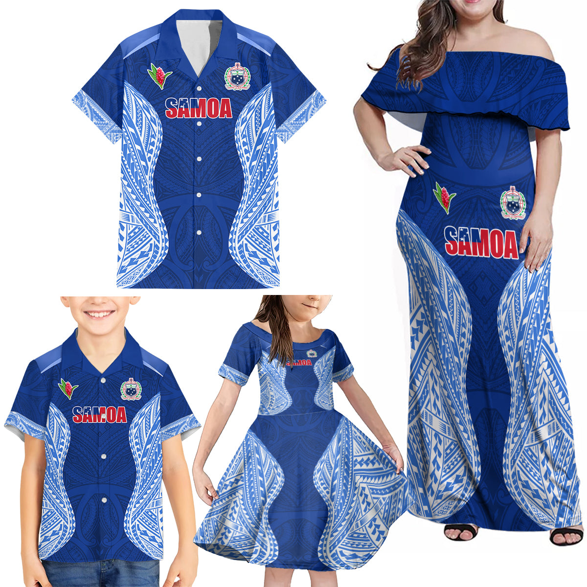 Custom Manu Samoa Rugby Family Matching Off Shoulder Maxi Dress and Hawaiian Shirt Polynesian Tattoo LT03 - Polynesian Pride