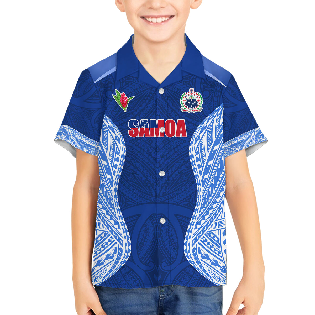 Custom Manu Samoa Rugby Family Matching Off Shoulder Maxi Dress and Hawaiian Shirt Polynesian Tattoo LT03 Son's Shirt Blue - Polynesian Pride