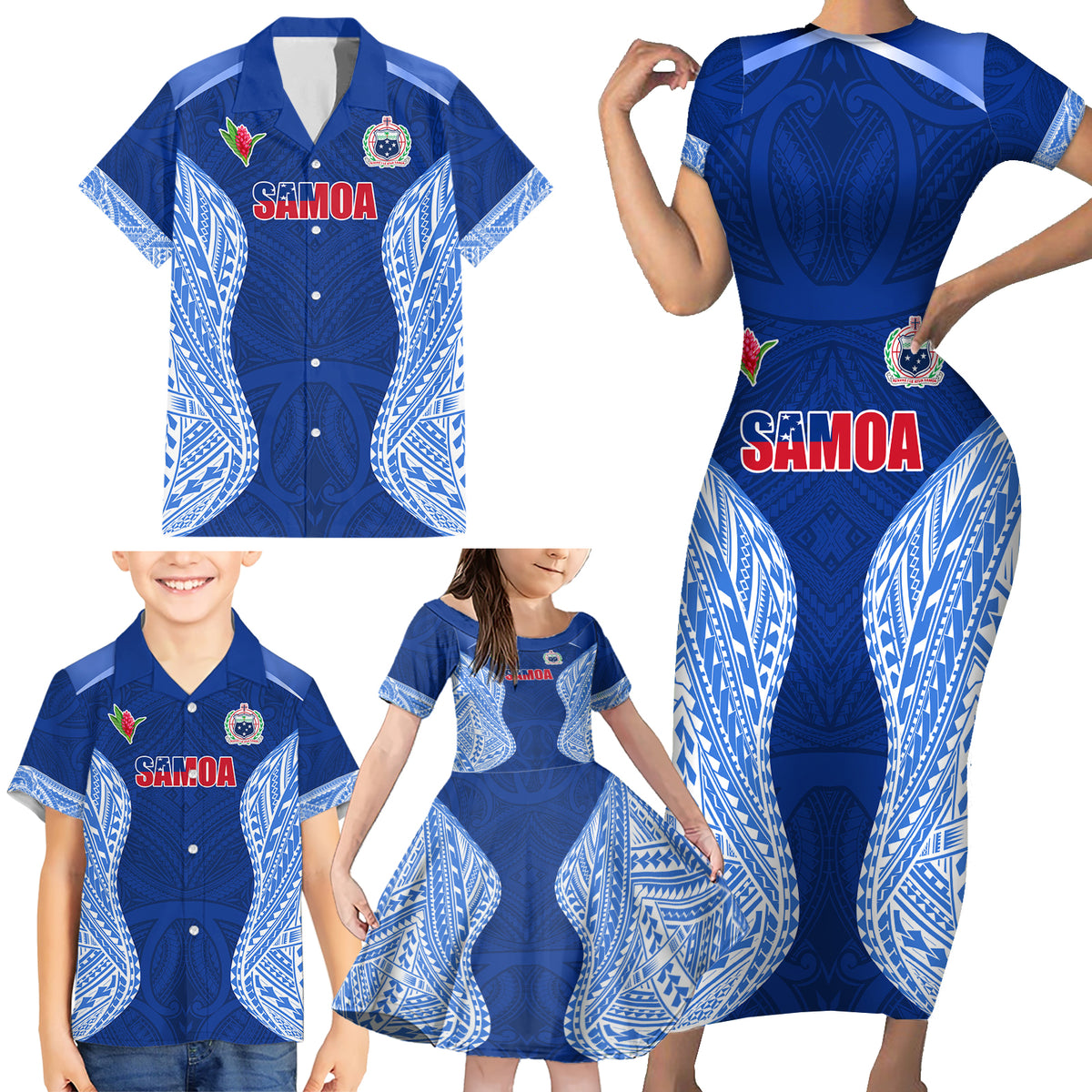 Custom Manu Samoa Rugby Family Matching Short Sleeve Bodycon Dress and Hawaiian Shirt Polynesian Tattoo LT03 - Polynesian Pride