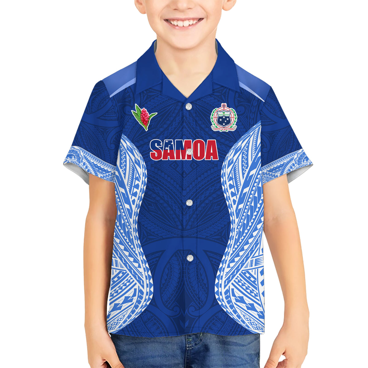 Custom Manu Samoa Rugby Family Matching Short Sleeve Bodycon Dress and Hawaiian Shirt Polynesian Tattoo LT03 Son's Shirt Blue - Polynesian Pride