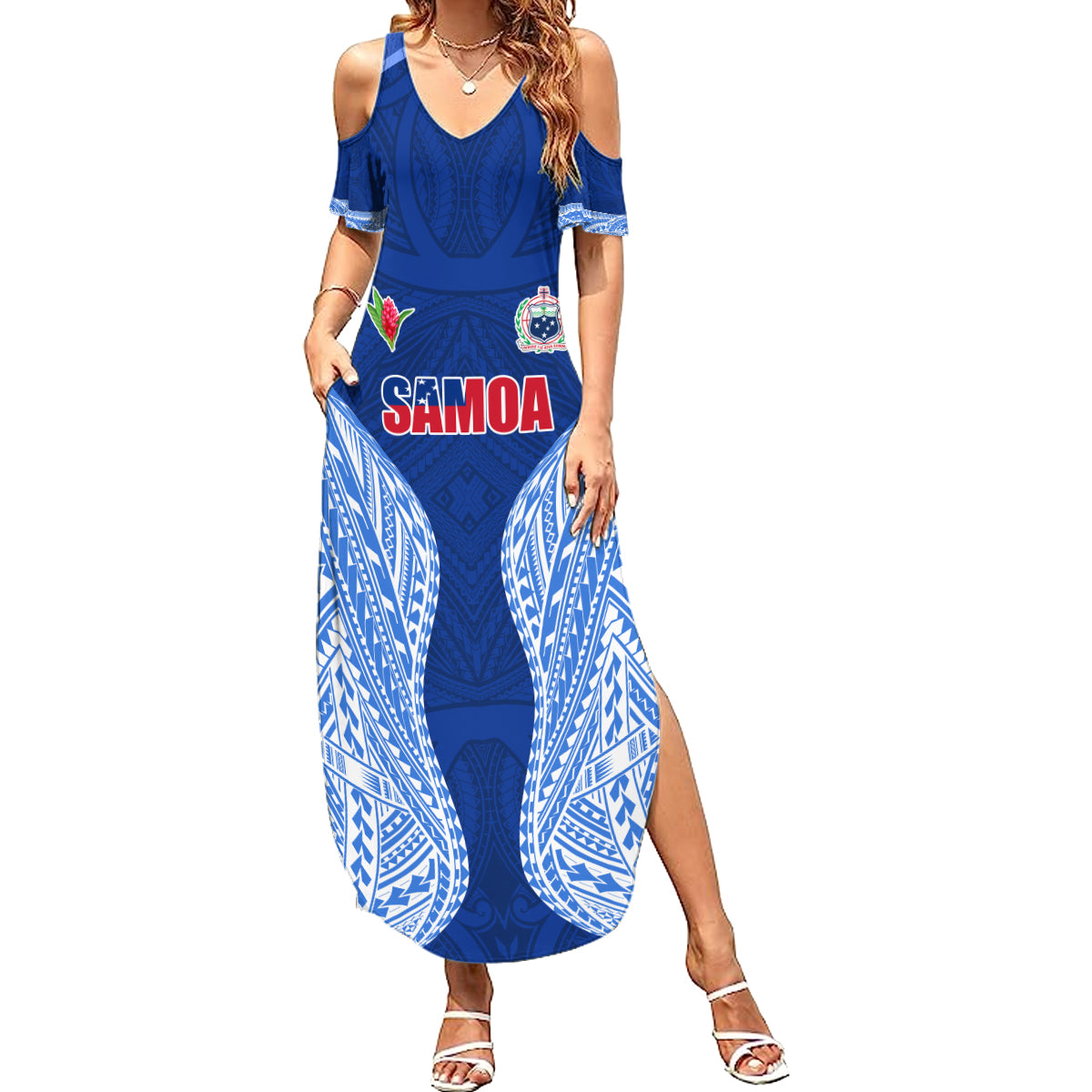 Custom Manu Samoa Rugby Family Matching Summer Maxi Dress and Hawaiian Shirt Polynesian Tattoo LT03 Mom's Dress Blue - Polynesian Pride