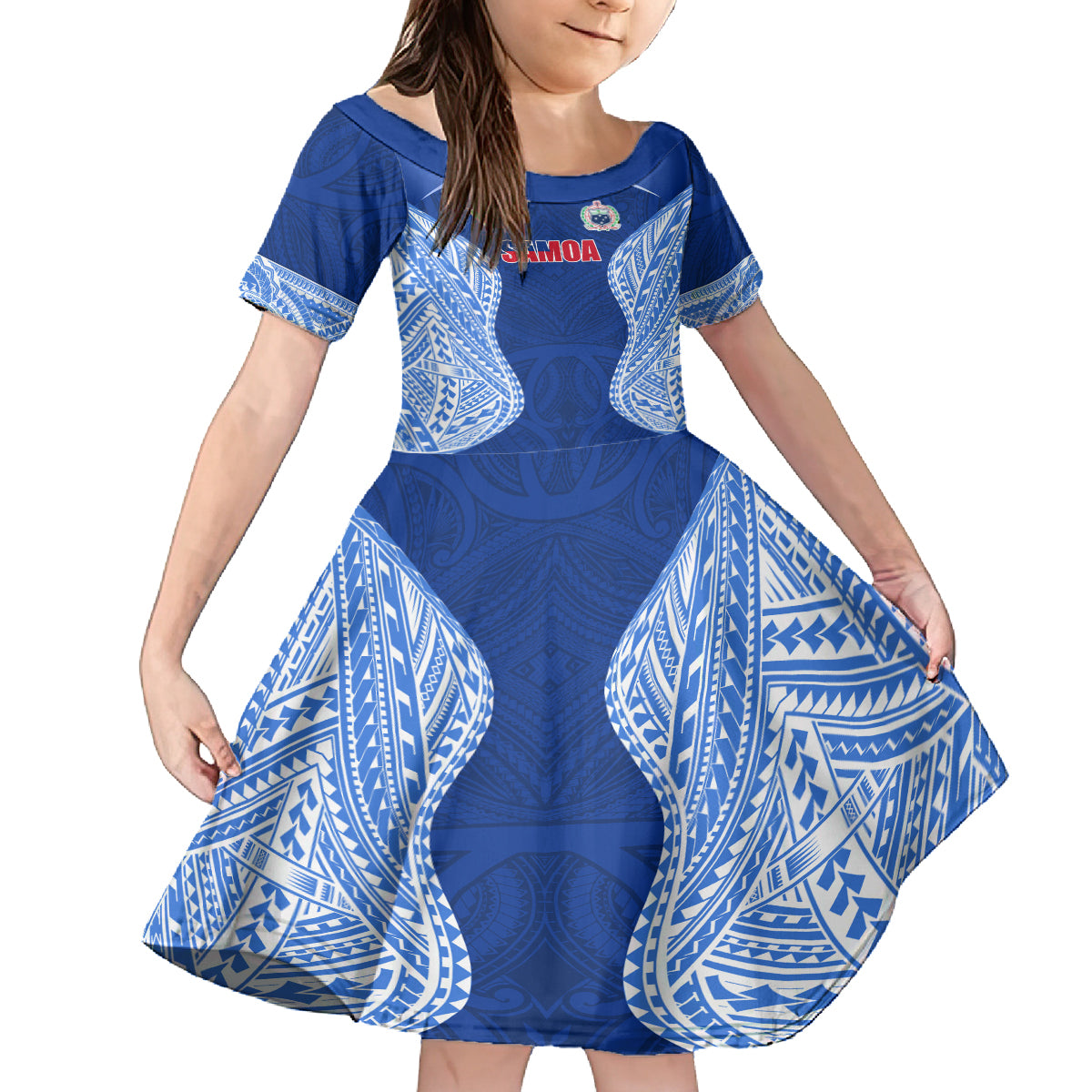 Custom Manu Samoa Rugby Family Matching Tank Maxi Dress and Hawaiian Shirt Polynesian Tattoo LT03 Daughter's Dress Blue - Polynesian Pride