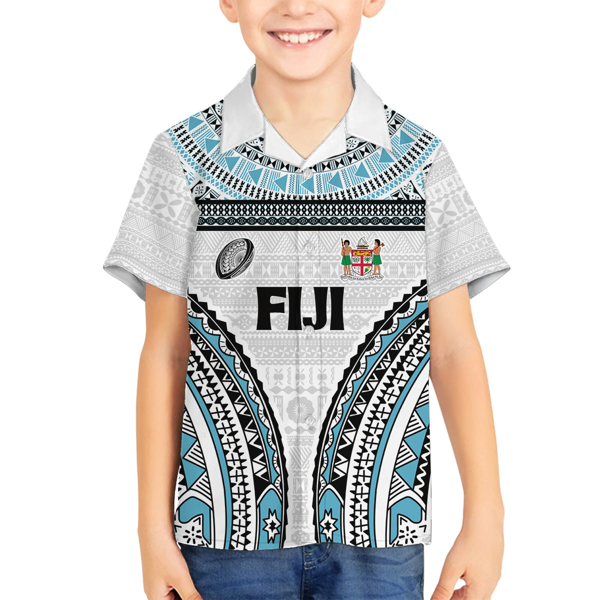 Custom Flying Fijians Rugby Family Matching Puletasi and Hawaiian Shirt Tapa Tribal Cloth LT03 Son's Shirt White - Polynesian Pride