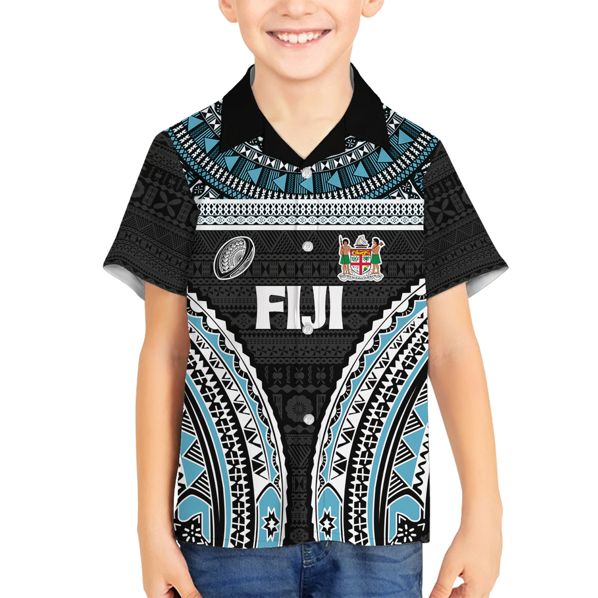 Custom Flying Fijians Rugby Family Matching Off The Shoulder Long Sleeve Dress and Hawaiian Shirt Tapa Tribal Cloth Black Color LT03 Son's Shirt Black - Polynesian Pride