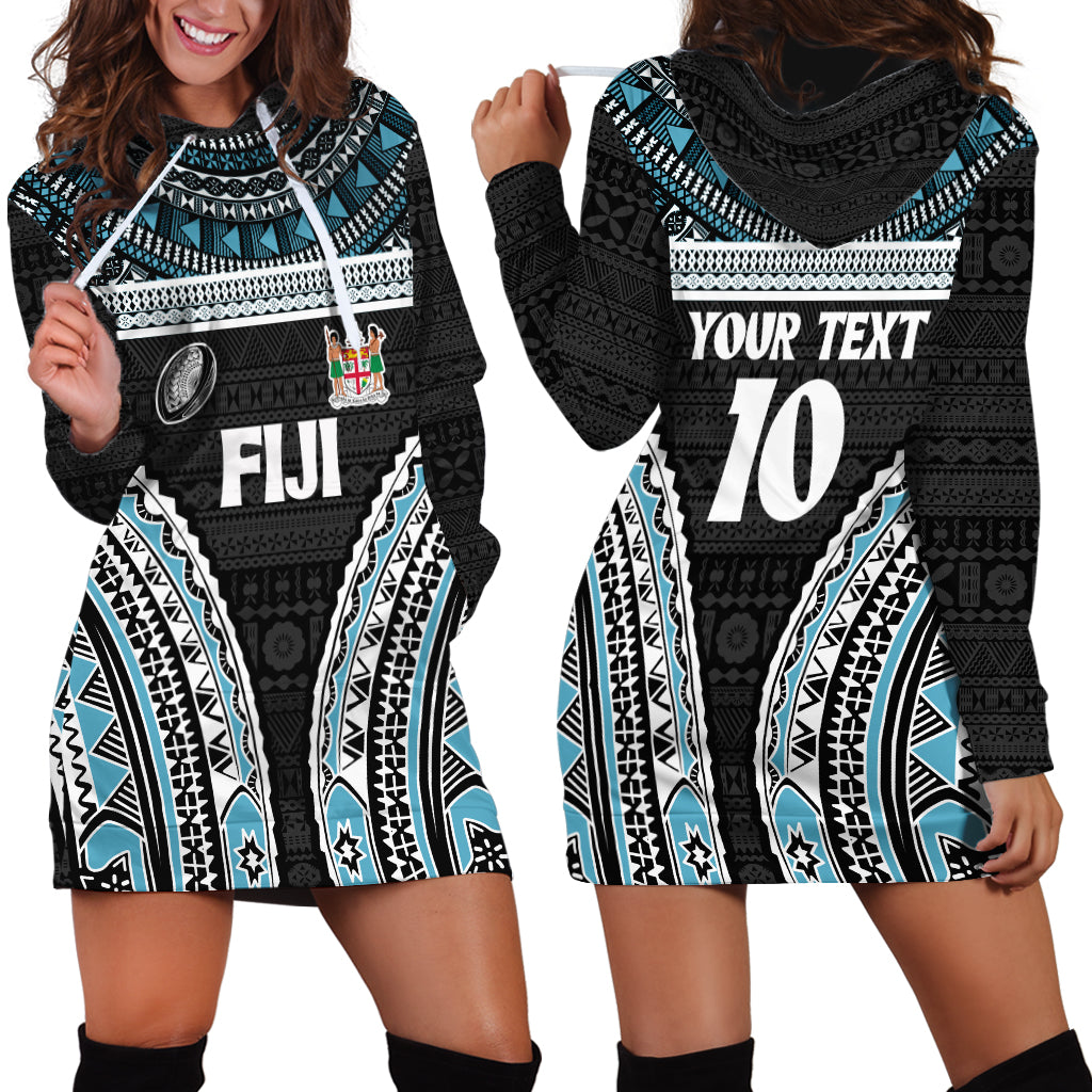 Custom Flying Fijians Rugby Hoodie Dress Tapa Tribal Cloth Black Color LT03 - Polynesian Pride