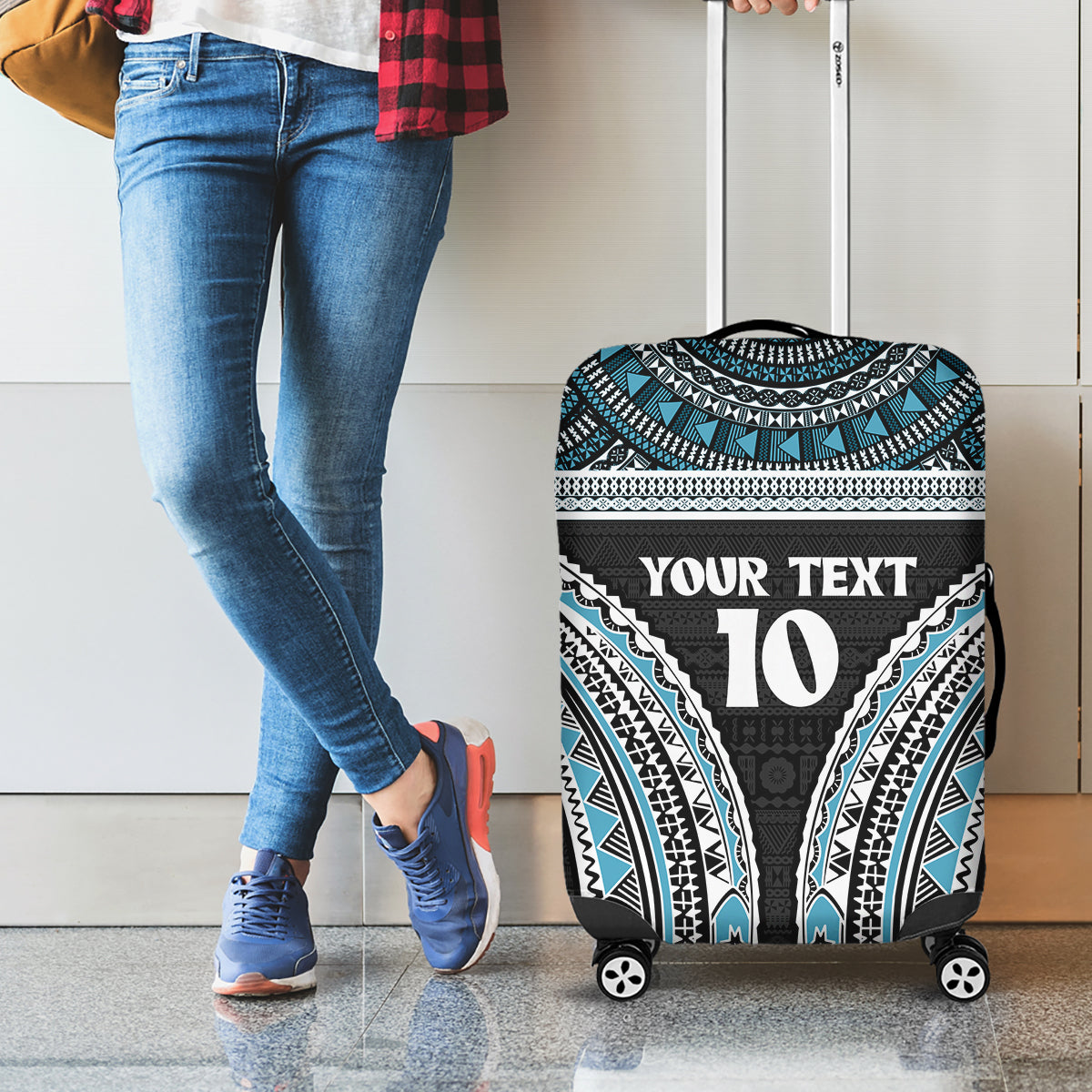Custom Flying Fijians Rugby Luggage Cover Tapa Tribal Cloth Black Color LT03 - Polynesian Pride