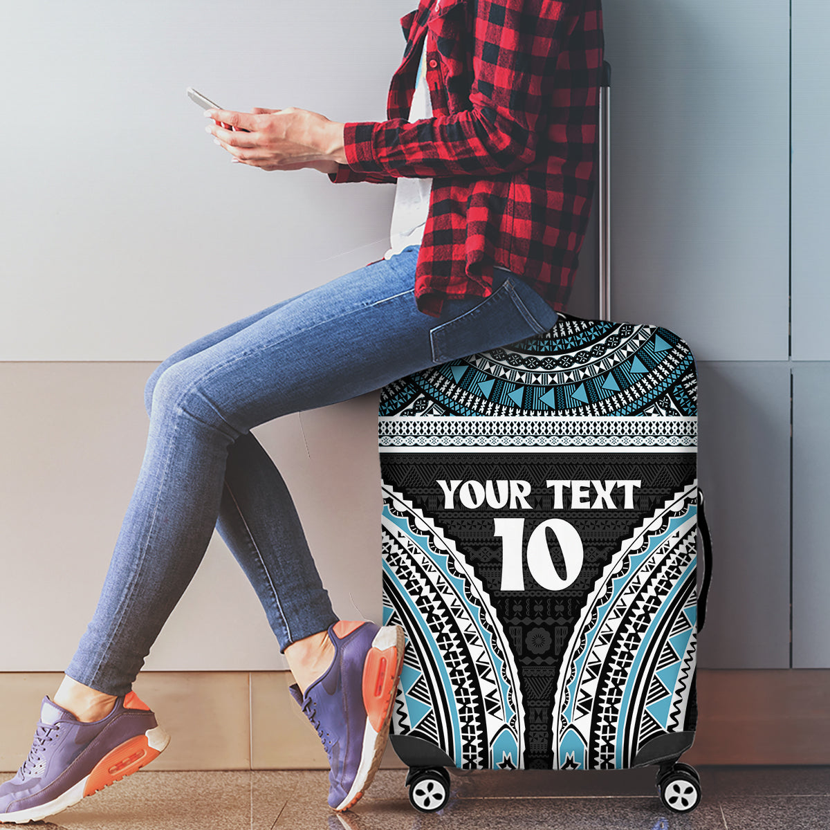 Custom Flying Fijians Rugby Luggage Cover Tapa Tribal Cloth Black Color LT03 - Polynesian Pride