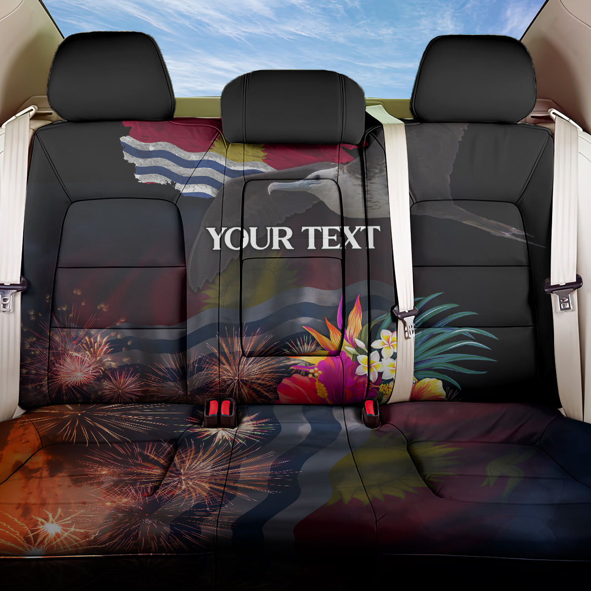 Personalised Kiribati Independence Day Back Car Seat Cover Frigatebird and Plumeria Hibiscus Flower LT03 One Size Black - Polynesian Pride
