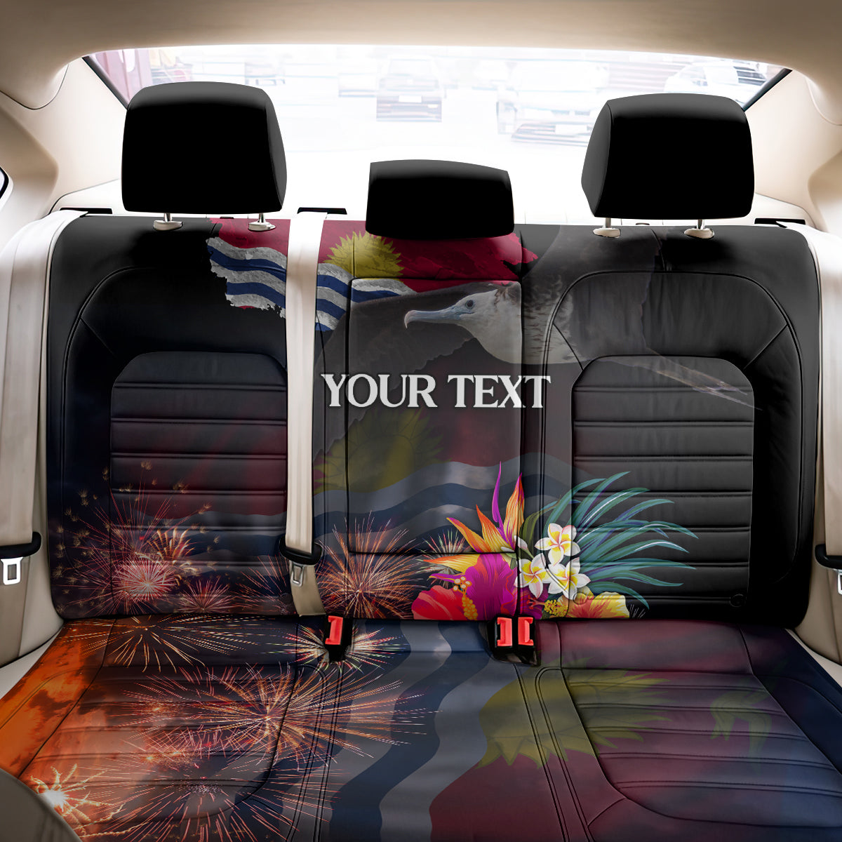 Personalised Kiribati Independence Day Back Car Seat Cover Frigatebird and Plumeria Hibiscus Flower LT03 - Polynesian Pride