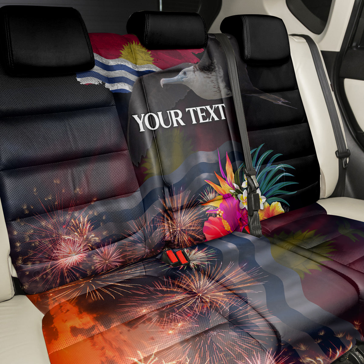 Personalised Kiribati Independence Day Back Car Seat Cover Frigatebird and Plumeria Hibiscus Flower LT03 - Polynesian Pride
