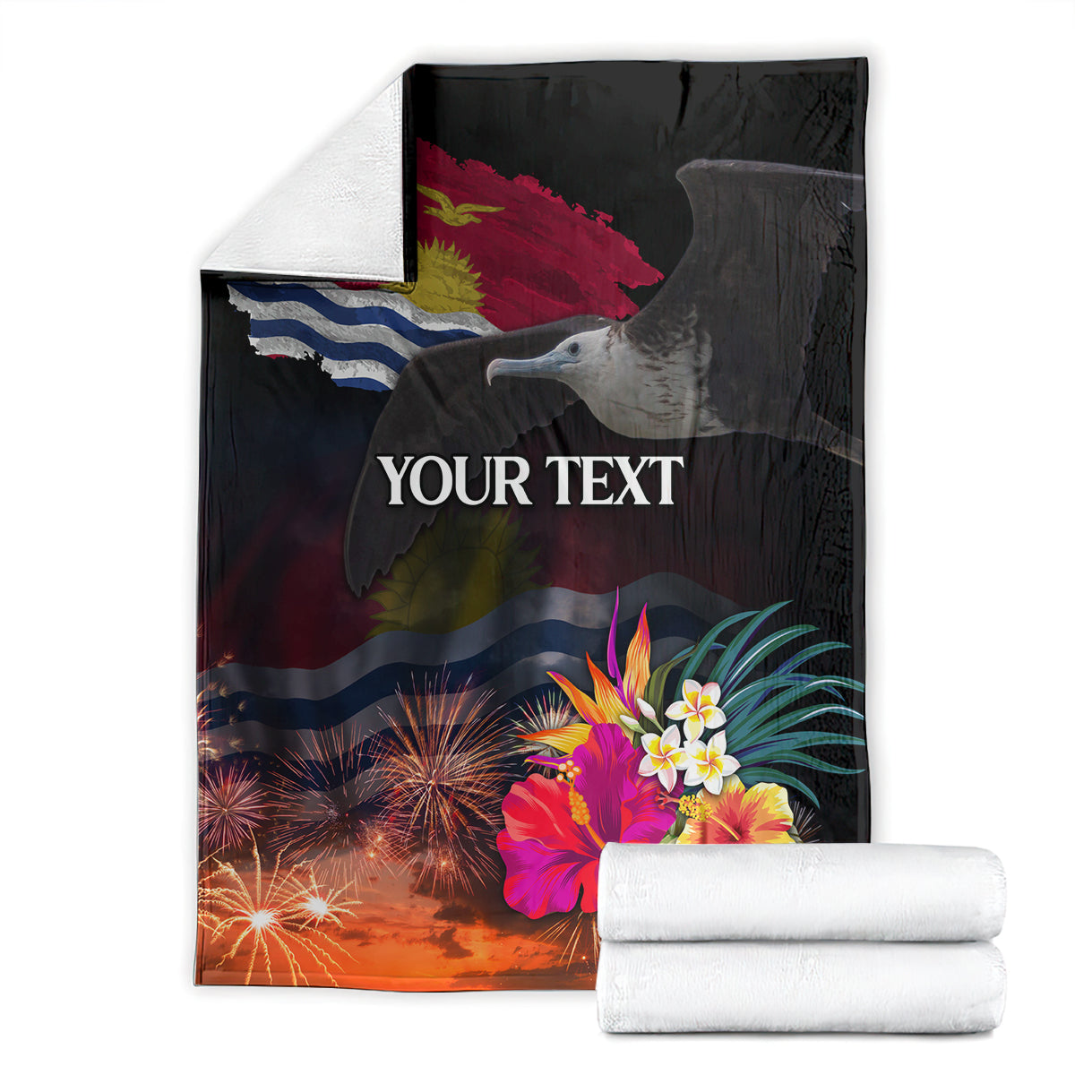 Personalised Kiribati Independence Day Blanket Frigatebird and Plumeria Hibiscus Flower
