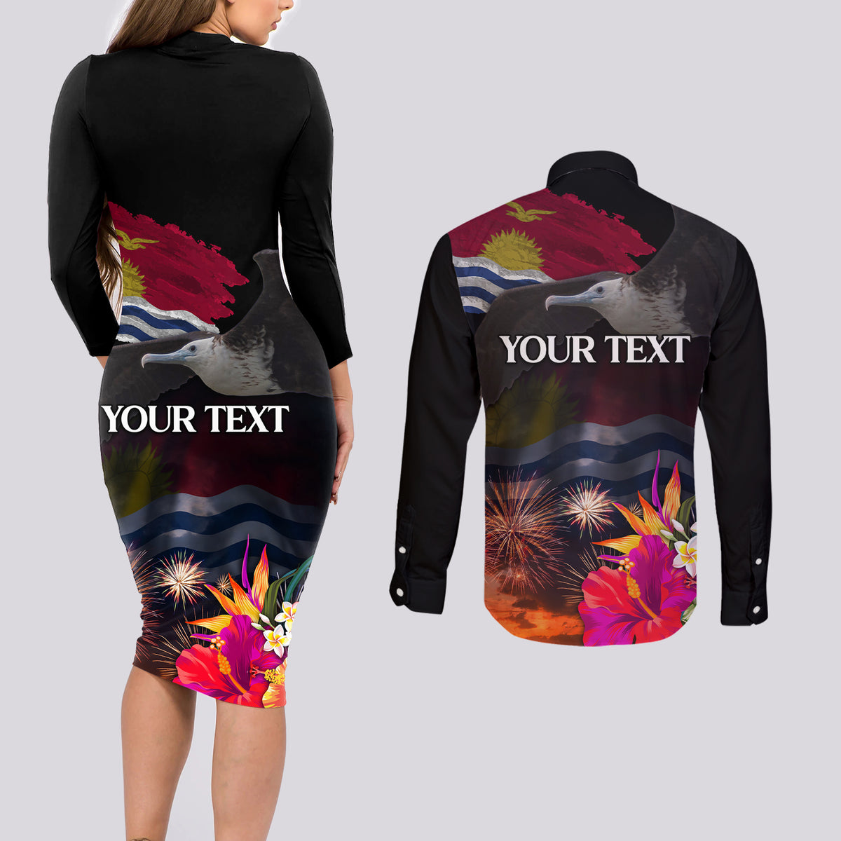 Personalised Kiribati Independence Day Couples Matching Long Sleeve Bodycon Dress and Long Sleeve Button Shirt Frigatebird and Plumeria Hibiscus Flower LT03 - Polynesian Pride