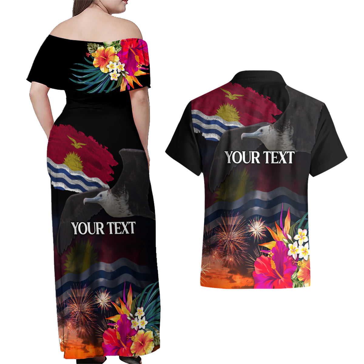 Personalised Kiribati Independence Day Couples Matching Off Shoulder Maxi Dress and Hawaiian Shirt Frigatebird and Plumeria Hibiscus Flower LT03 - Polynesian Pride