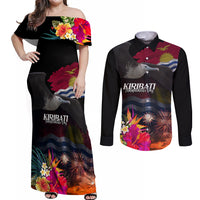Personalised Kiribati Independence Day Couples Matching Off Shoulder Maxi Dress and Long Sleeve Button Shirt Frigatebird and Plumeria Hibiscus Flower LT03 Black - Polynesian Pride