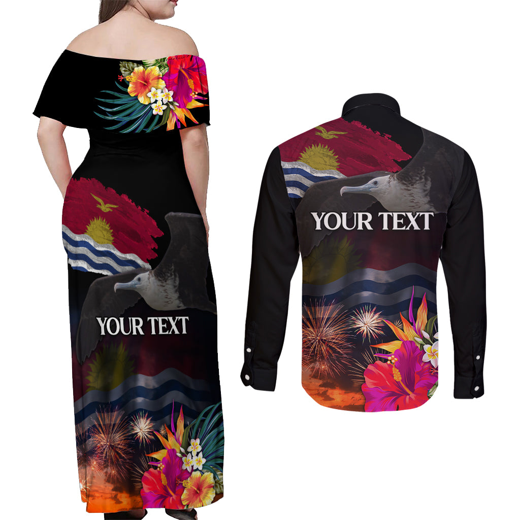 Personalised Kiribati Independence Day Couples Matching Off Shoulder Maxi Dress and Long Sleeve Button Shirt Frigatebird and Plumeria Hibiscus Flower LT03 - Polynesian Pride
