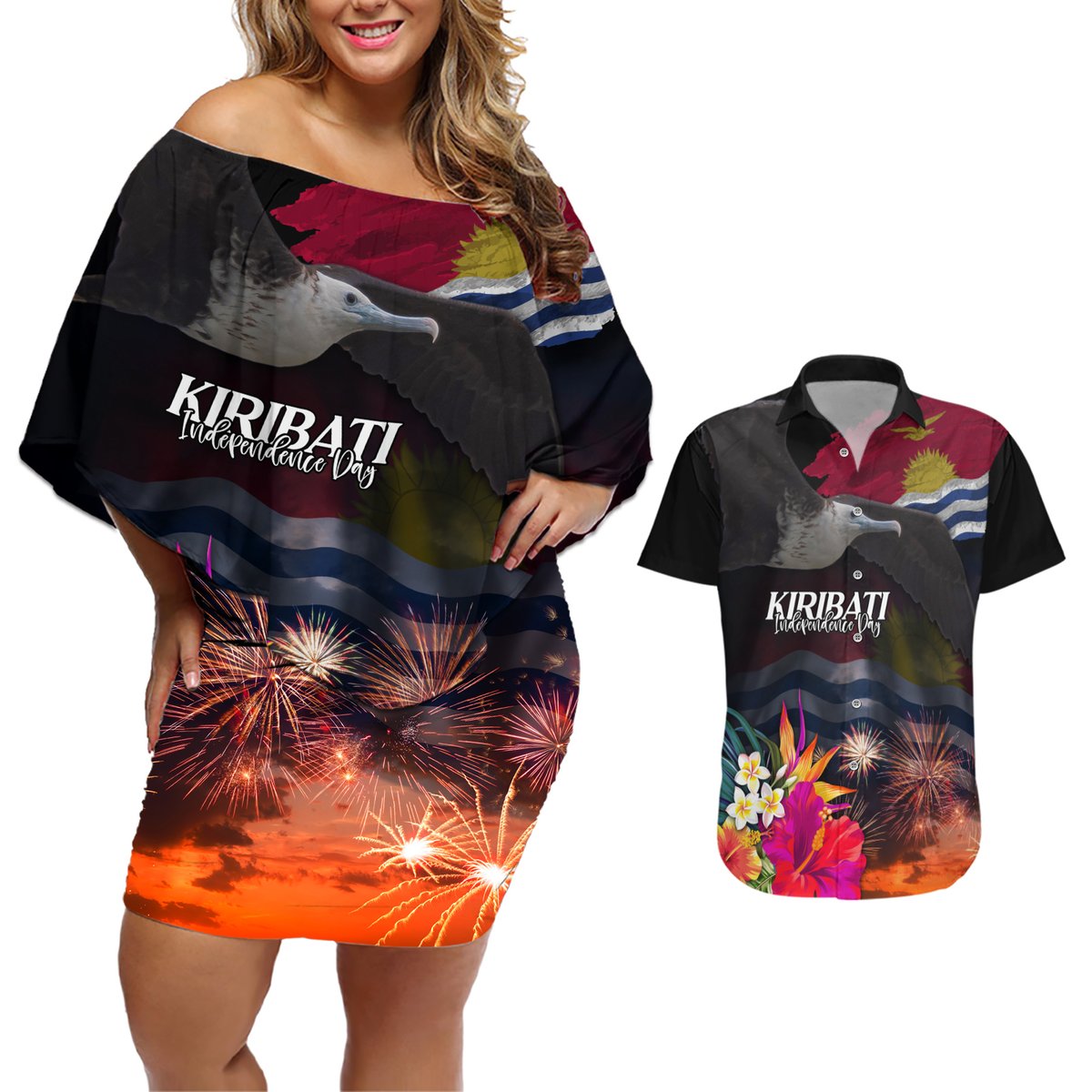 Personalised Kiribati Independence Day Couples Matching Off Shoulder Short Dress and Hawaiian Shirt Frigatebird and Plumeria Hibiscus Flower LT03 Black - Polynesian Pride