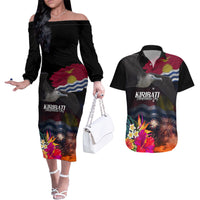 Personalised Kiribati Independence Day Couples Matching Off The Shoulder Long Sleeve Dress and Hawaiian Shirt Frigatebird and Plumeria Hibiscus Flower LT03 Black - Polynesian Pride