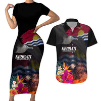 Personalised Kiribati Independence Day Couples Matching Short Sleeve Bodycon Dress and Hawaiian Shirt Frigatebird and Plumeria Hibiscus Flower LT03 Black - Polynesian Pride