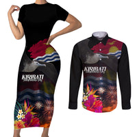Personalised Kiribati Independence Day Couples Matching Short Sleeve Bodycon Dress and Long Sleeve Button Shirt Frigatebird and Plumeria Hibiscus Flower LT03 Black - Polynesian Pride
