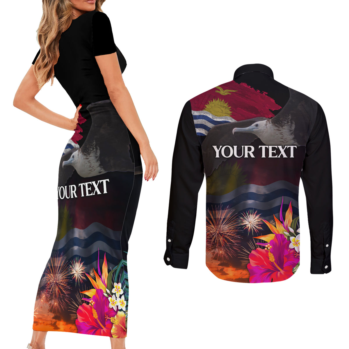 Personalised Kiribati Independence Day Couples Matching Short Sleeve Bodycon Dress and Long Sleeve Button Shirt Frigatebird and Plumeria Hibiscus Flower LT03 - Polynesian Pride