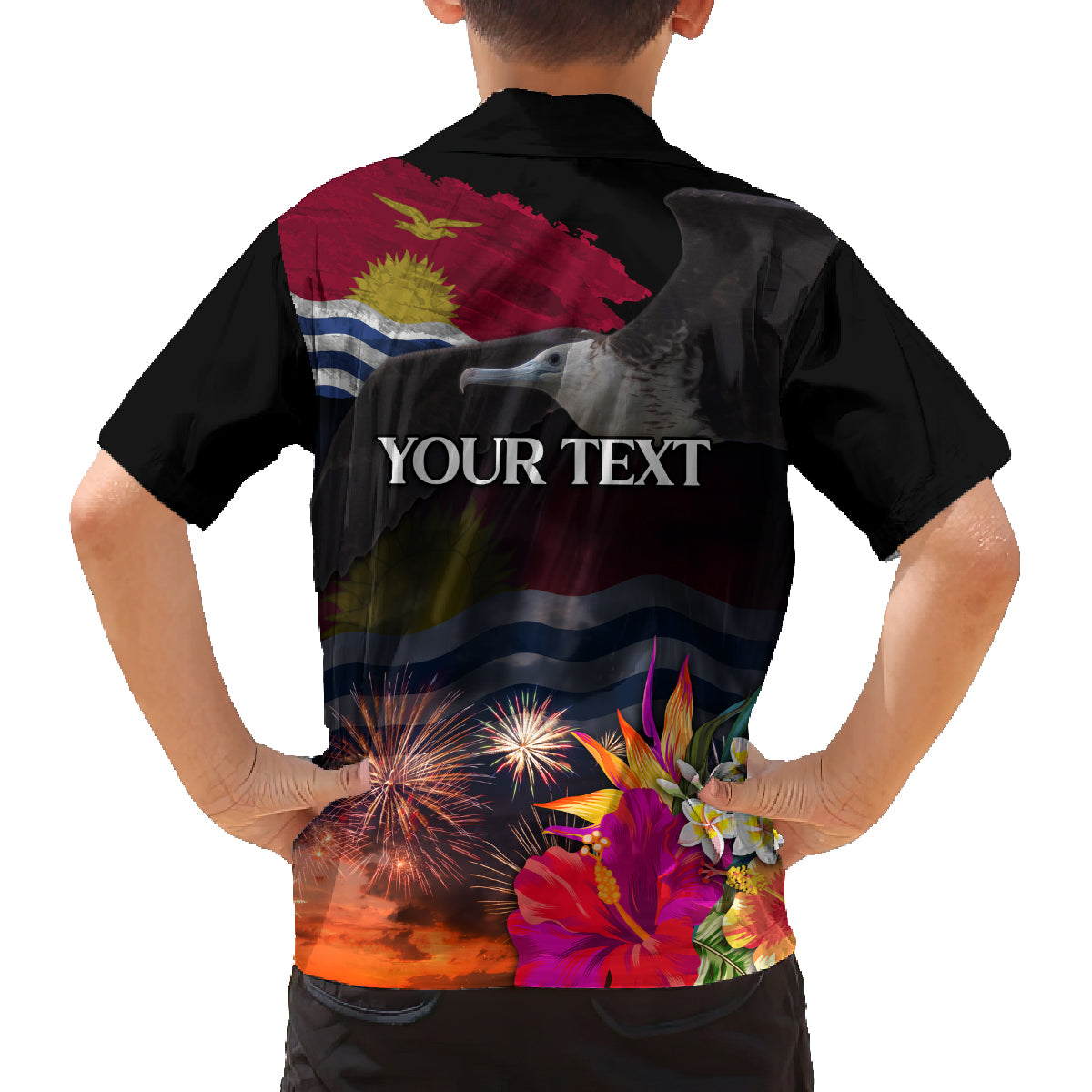 Personalised Kiribati Independence Day Family Matching Long Sleeve Bodycon Dress and Hawaiian Shirt Frigatebird and Plumeria Hibiscus Flower LT03 - Polynesian Pride