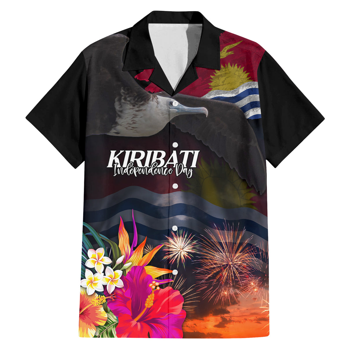 Personalised Kiribati Independence Day Family Matching Mermaid Dress and Hawaiian Shirt Frigatebird and Plumeria Hibiscus Flower LT03 Dad's Shirt - Short Sleeve Black - Polynesian Pride