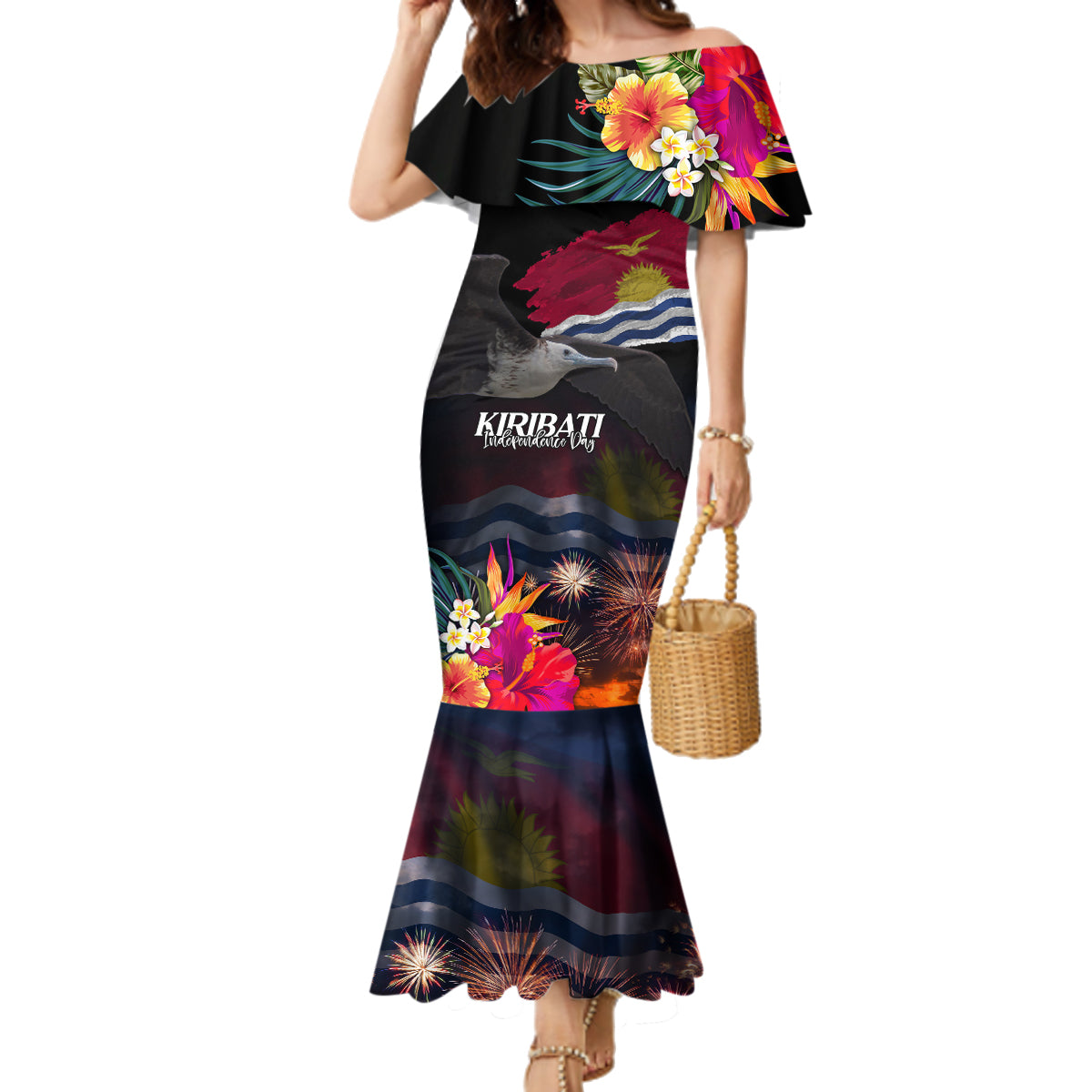 Personalised Kiribati Independence Day Family Matching Mermaid Dress and Hawaiian Shirt Frigatebird and Plumeria Hibiscus Flower LT03 Mom's Dress Black - Polynesian Pride