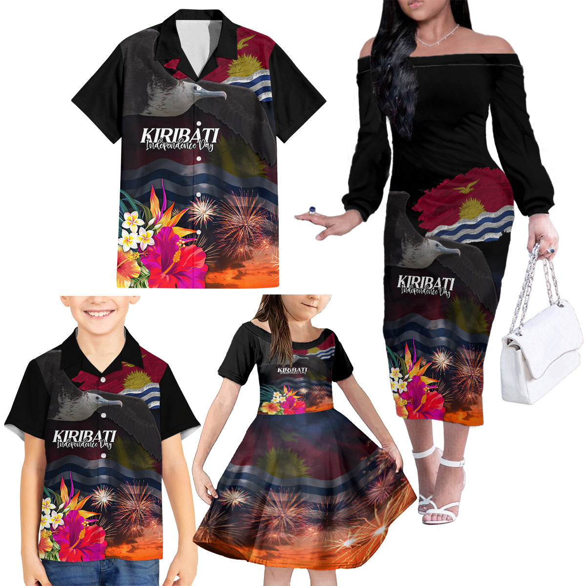 Personalised Kiribati Independence Day Family Matching Off The Shoulder Long Sleeve Dress and Hawaiian Shirt Frigatebird and Plumeria Hibiscus Flower LT03 - Polynesian Pride