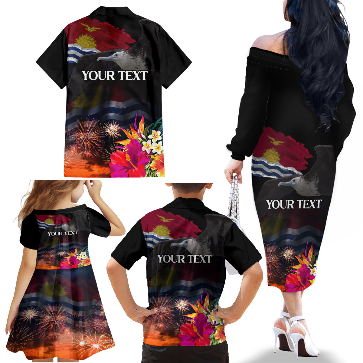 Personalised Kiribati Independence Day Family Matching Off The Shoulder Long Sleeve Dress and Hawaiian Shirt Frigatebird and Plumeria Hibiscus Flower LT03 - Polynesian Pride