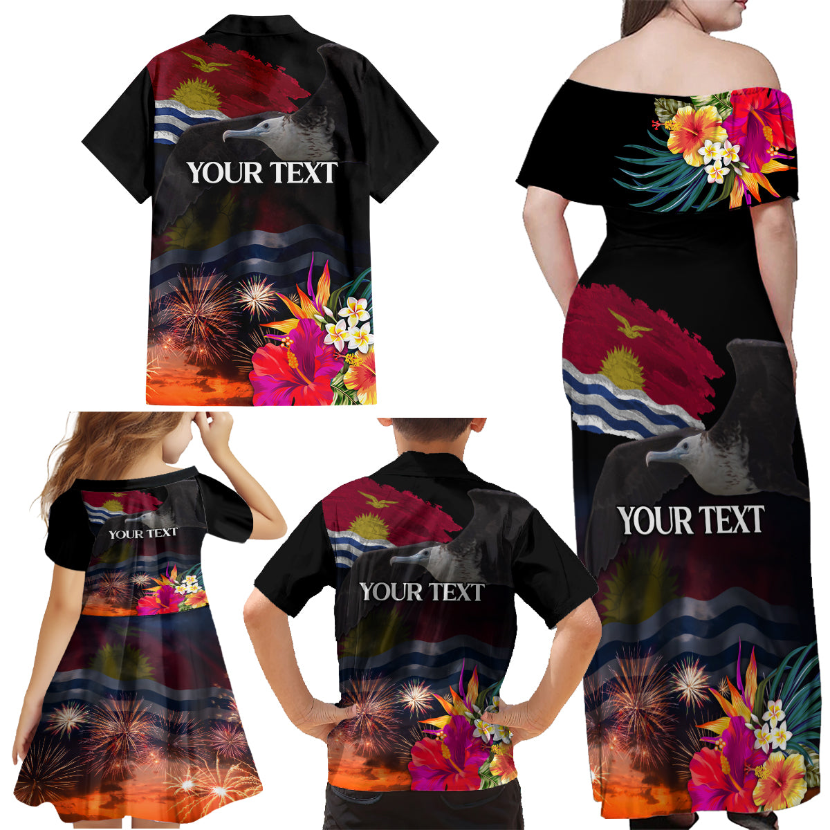 Personalised Kiribati Independence Day Family Matching Off Shoulder Maxi Dress and Hawaiian Shirt Frigatebird and Plumeria Hibiscus Flower LT03 - Polynesian Pride