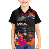 Personalised Kiribati Independence Day Family Matching Off Shoulder Short Dress and Hawaiian Shirt Frigatebird and Plumeria Hibiscus Flower LT03 Son's Shirt Black - Polynesian Pride