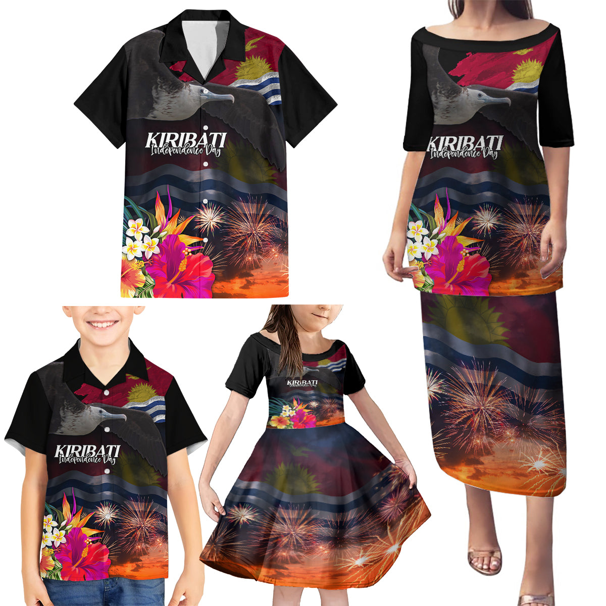 Personalised Kiribati Independence Day Family Matching Puletasi and Hawaiian Shirt Frigatebird and Plumeria Hibiscus Flower LT03 - Polynesian Pride