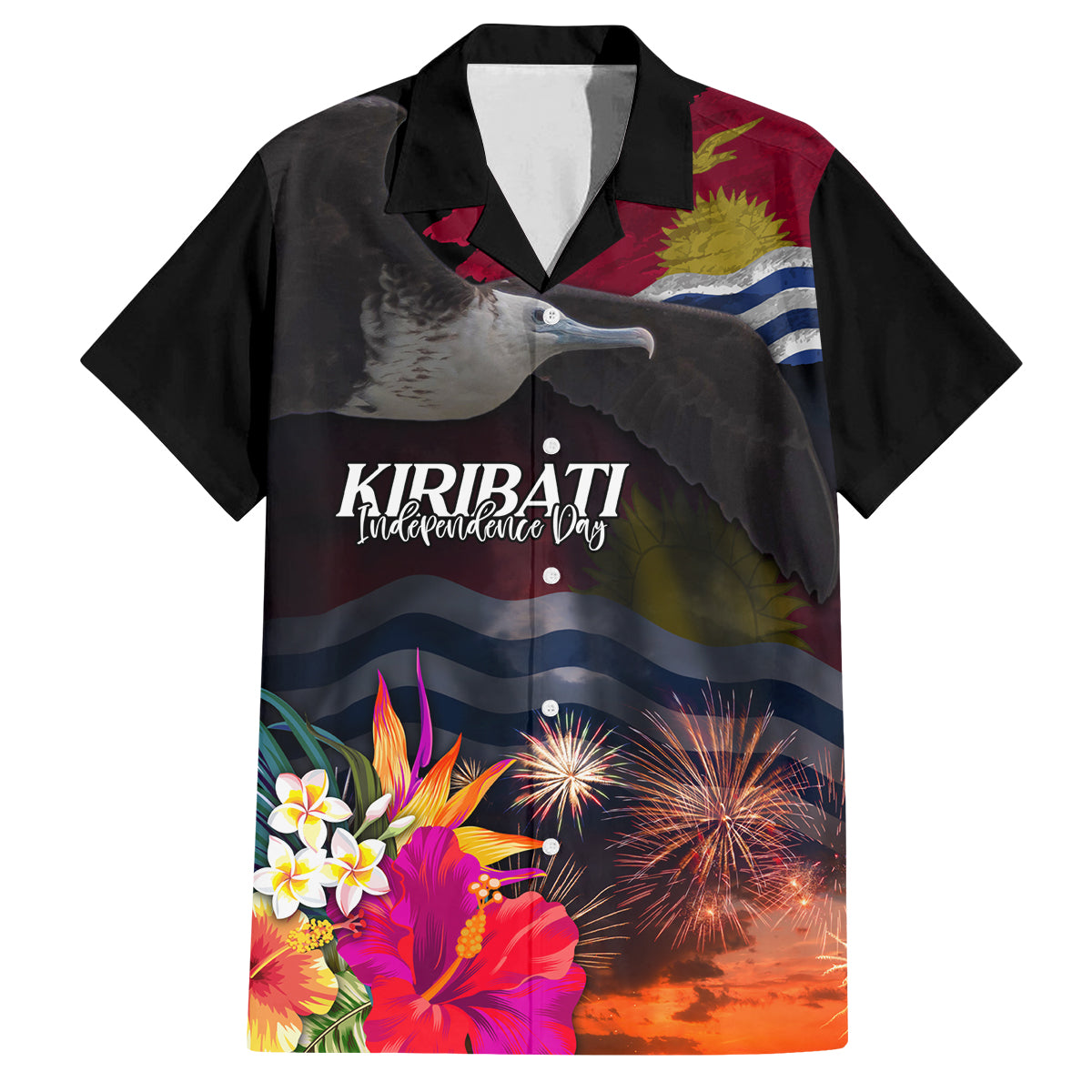 Personalised Kiribati Independence Day Family Matching Puletasi and Hawaiian Shirt Frigatebird and Plumeria Hibiscus Flower LT03 Dad's Shirt - Short Sleeve Black - Polynesian Pride