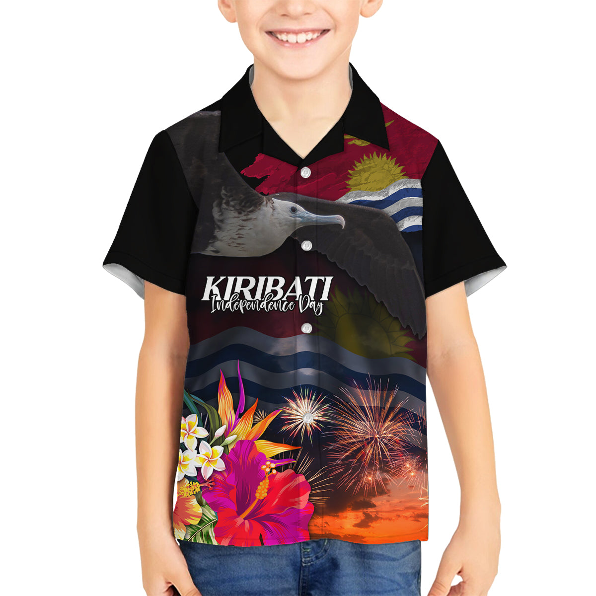 Personalised Kiribati Independence Day Family Matching Puletasi and Hawaiian Shirt Frigatebird and Plumeria Hibiscus Flower LT03 Son's Shirt Black - Polynesian Pride