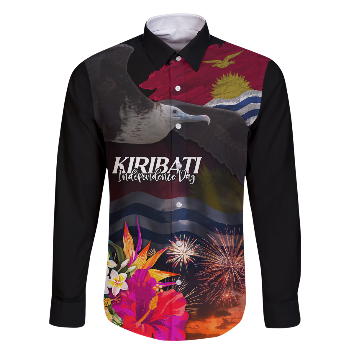 Personalised Kiribati Independence Day Family Matching Tank Maxi Dress and Hawaiian Shirt Frigatebird and Plumeria Hibiscus Flower LT03 Dad's Shirt - Long Sleeve Black - Polynesian Pride